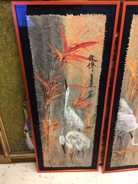 16" X 40" Youngqun Guo Framed White Crane Watercolor On Rice Paper