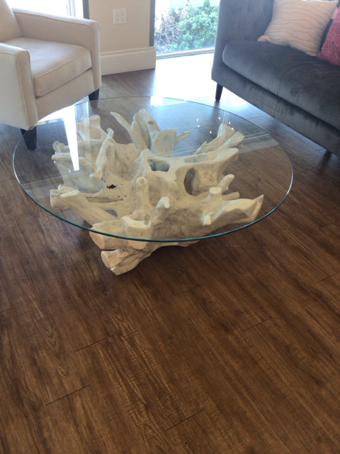 Round Glass Top Casted Drift Wood Style Base Coffee Table