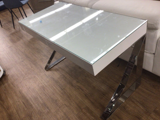 AS-IS White Lacqured Two Drawer Glass Top Desk W/Chrome Base(Chips)