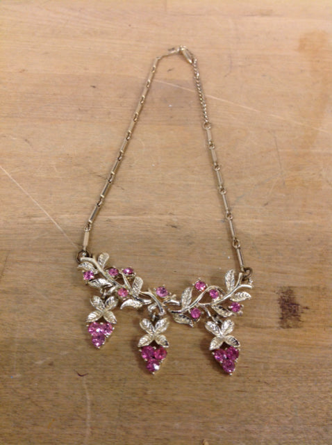 Necklace- Gold Pink Stone Flowers