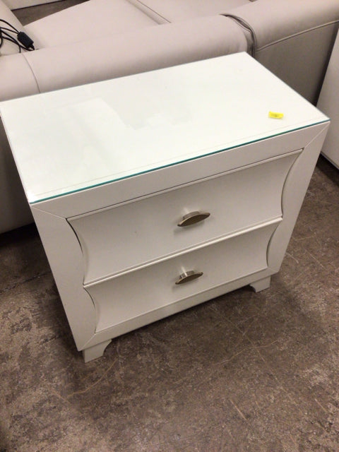 26" X 14 1/2" AS-IS Glass Top Two Drawer White Nightstand(Chip/Knick)