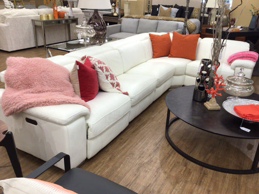 AS-IS White Leather Five PC Powered Reclining Sectional(Soiled)