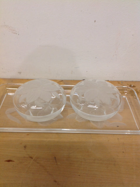 3 Pc Frosted Flower Glass Tray & Bowls