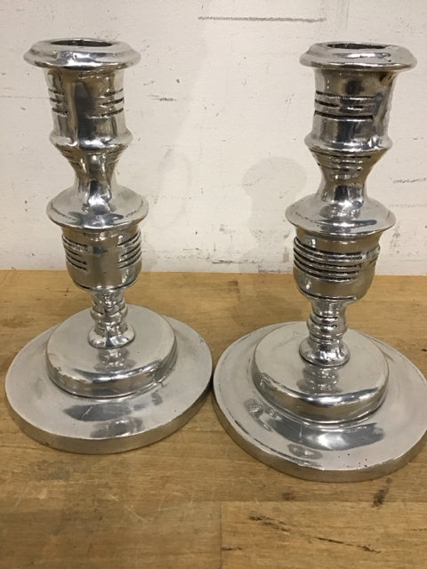 7.5" Ribbed Silvertone Metal Candle Holder