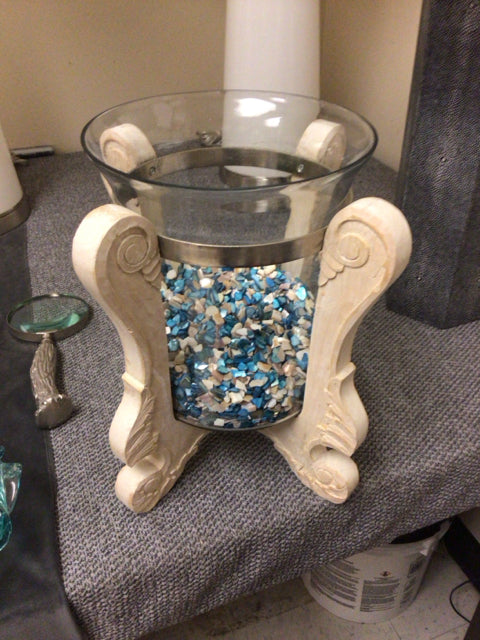 Light Wood Glass Candle Holder W/Blue & White Rocks