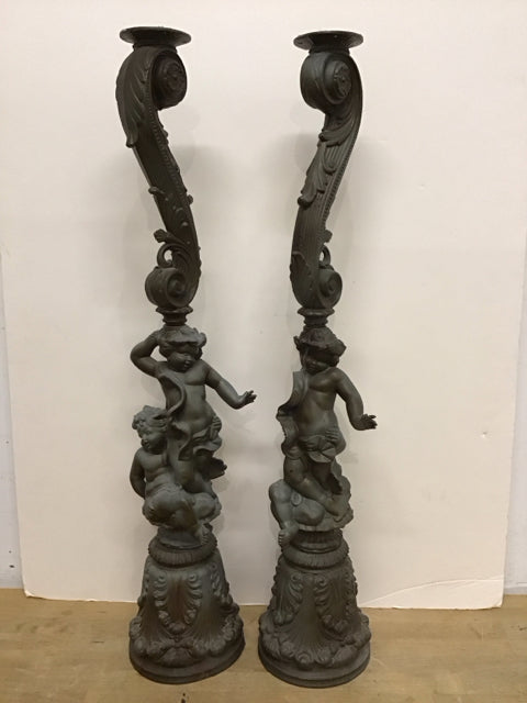 34" Pair Spelter Cherub Candle Holders