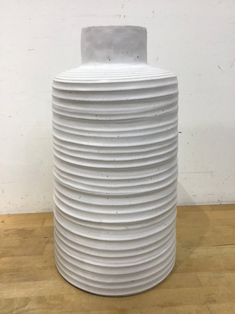 20" White Circular Ribbed Ceramic Vase
