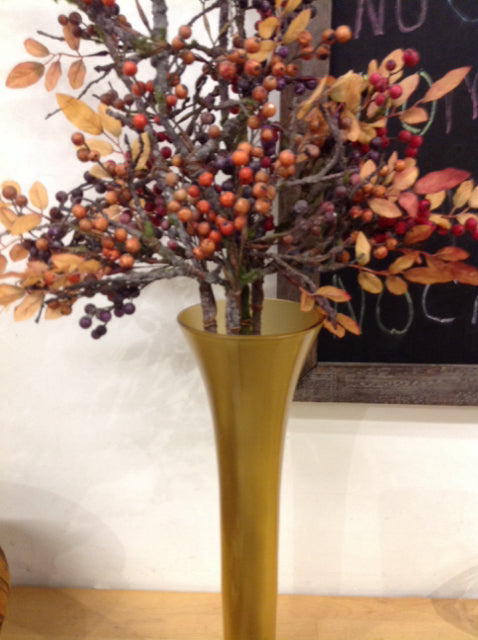 16" Amber Glass Vase W Berries