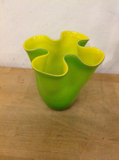 Vase- 6" Green & Yellow Glass