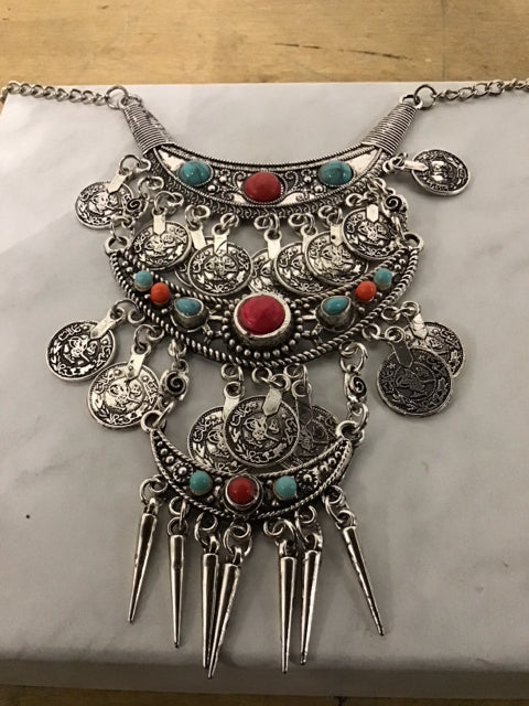 Boho Silvertone Faux Coral & Turquoise Necklace