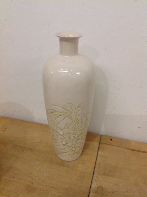 Vase- 14" White & Green Floral Ceramic