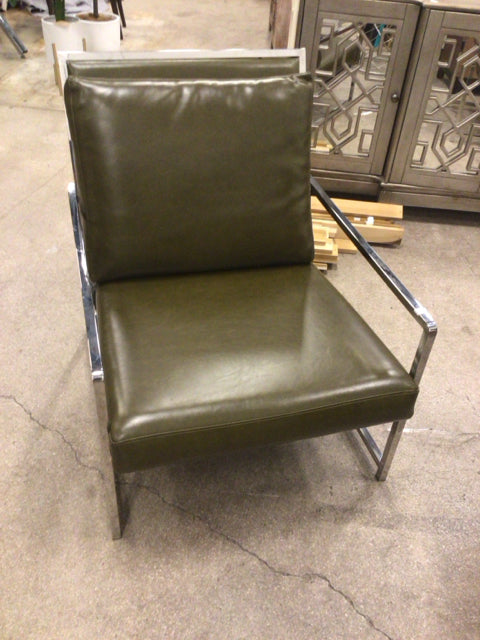 Olive Green Vinyl & Chorme Arm Chair W/Pillow