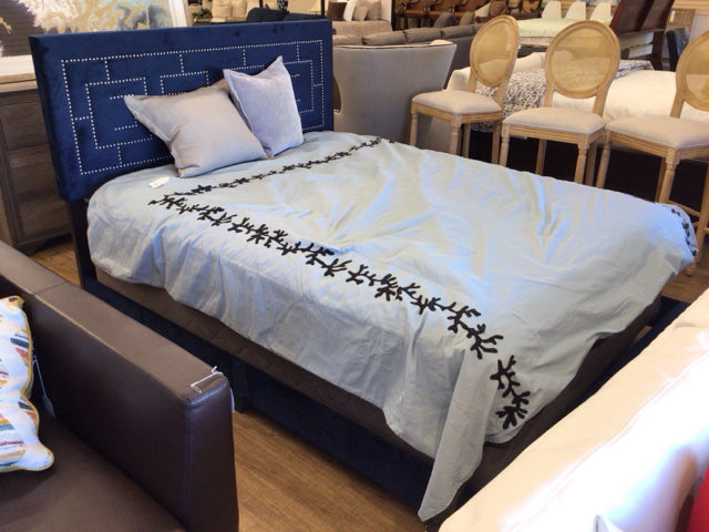 Blue Fabric Silver Accent Queen Bed Frame