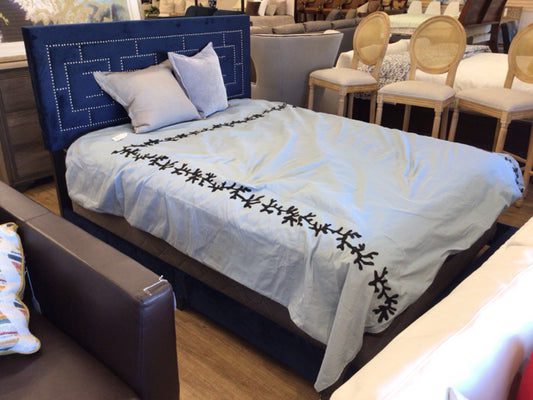 Blue Fabric Silver Accent Queen Bed Frame