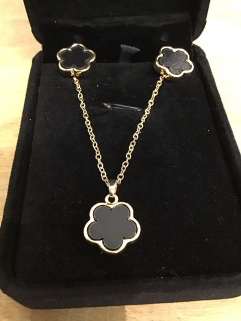 Van Cleef Like Goldtone &Onyx Earring & Necklace Set