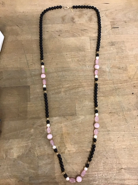 Black Pink & Pearl Beaded Necklace