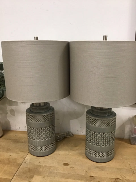 28" Pair Of Gray Ceramic Textured Table Lamps