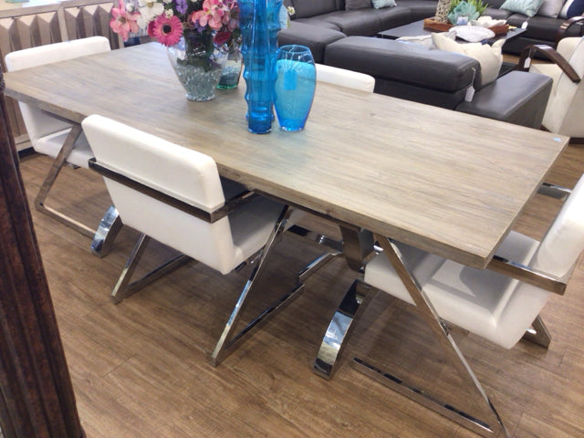 Rectangle Wood Top Chrome Base Dining Table