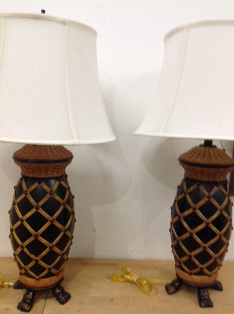 30" Pair Of Resin Black Bamboo Lamps