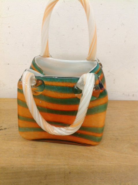 7" Green & Orange Art Glass Purse