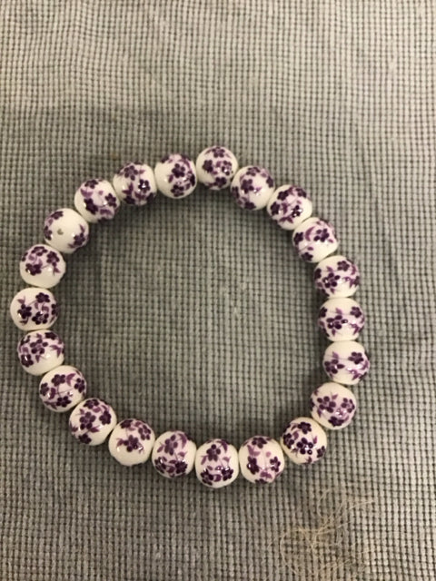 Purple Floral Porcelain Bead Bracelet