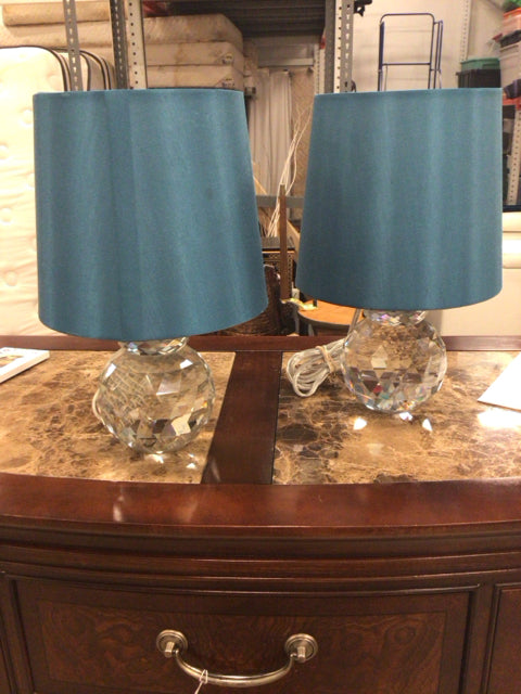 Pair Of Cut Glass Sphere Table Lamps W/Teal Shades