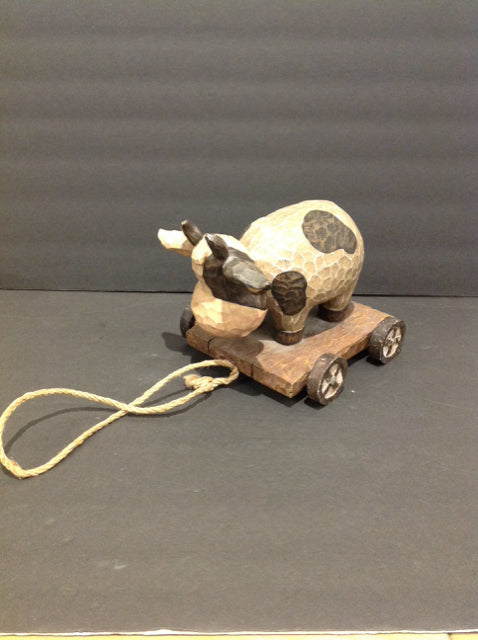Carved Wood Bobbing Head Cow Pull Toy