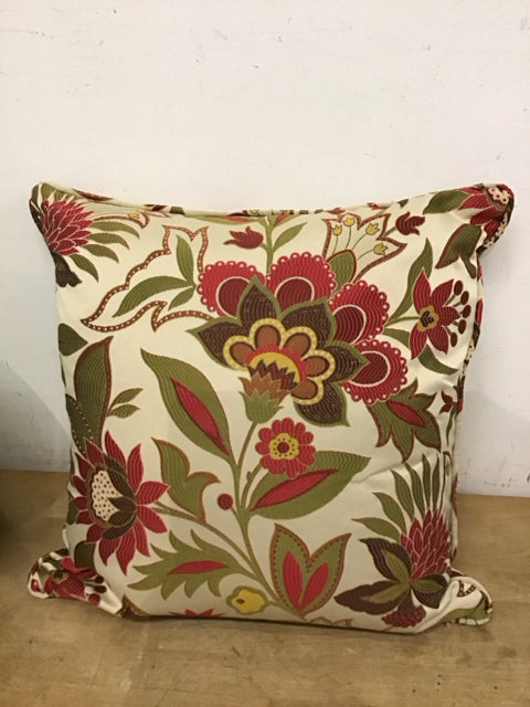 20" Sq. Beige W/Green & Red Florals Down Filled Pillow