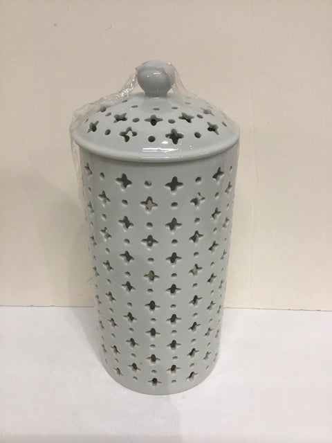 14" White Pierced Ceramic Candle Holder