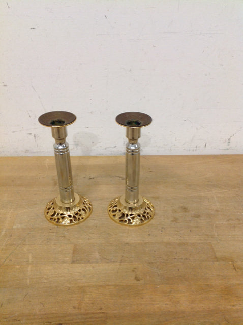 7.5" Silver Tone w/Gold Tone Base Candle Sticks