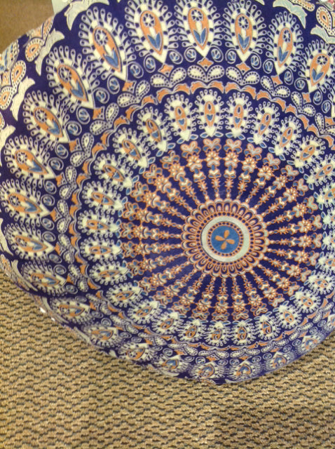 Pillow- 28". Round Navy Boho W Pom Fringe