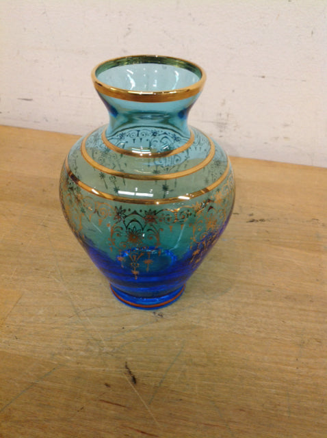 Vase- 5" Blue & Gold Glass