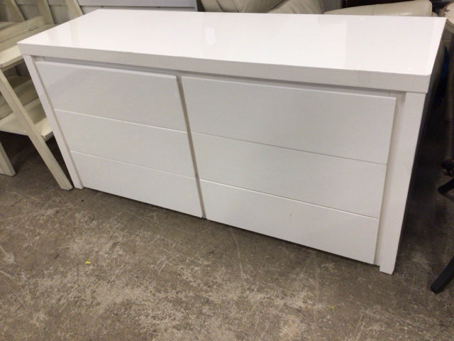 AS-IS White Lacqured Six Drawer Dresser(Bottom Corner Damage)