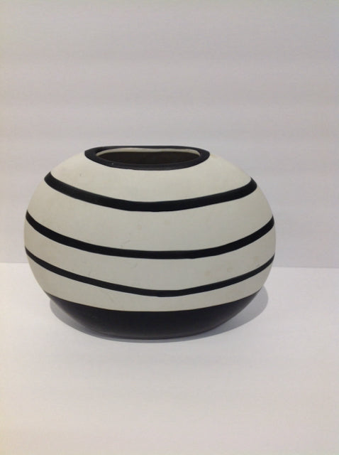 10" Ceramic White Vase w/Black Stripes