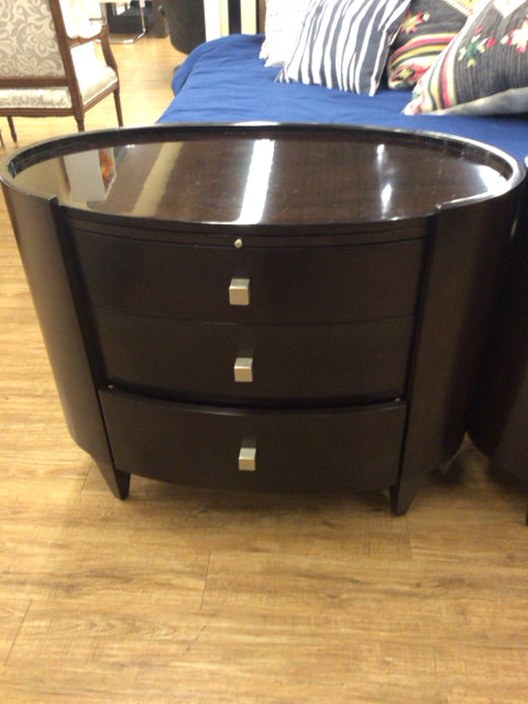 AS-IS Oval Dark Wood Three Drawer Nightstand(Chips/Scratches)