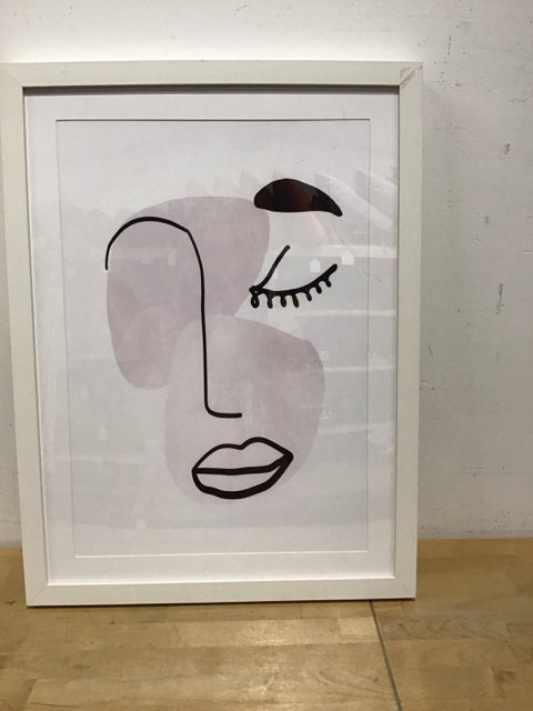 18x24 Framed Abstract Face Print AS-IS Plexiglass Scratched