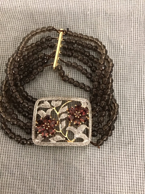 Brown Multi Strand Bead Goldtone Crystal Floral Motif Bracelet