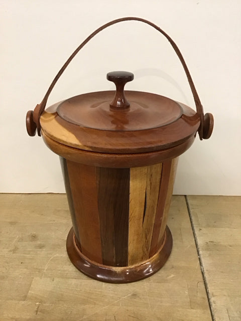 12" Wood Ice Bucket w/Leather Handle
