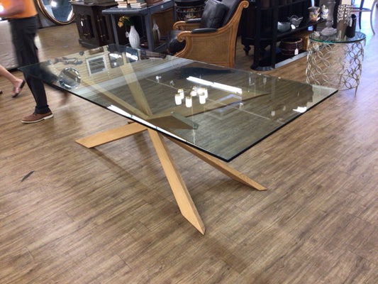 Wood X Base Glass Top Dining Table