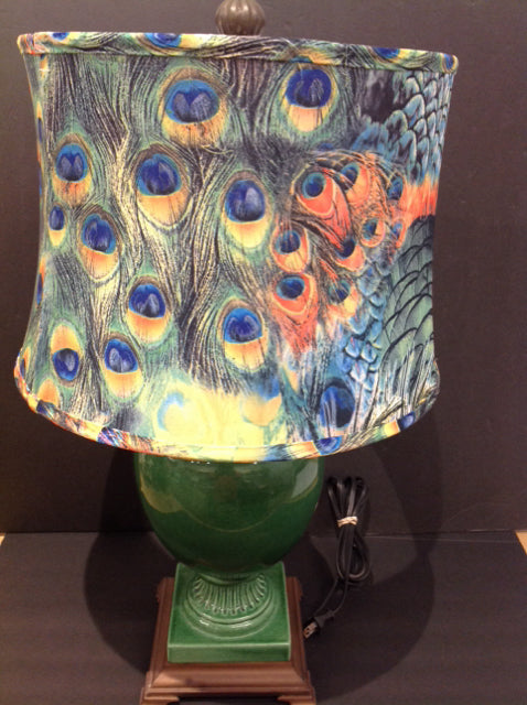 Vintage Green Glazed Lamp/Peacock Drum Shade
