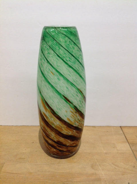 16" Art Deco Glass Vase w/Brown Green Swirls