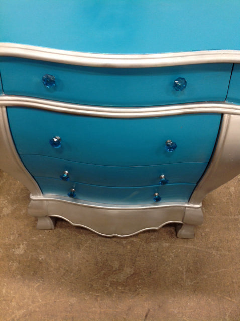 Nightstand- Painted Aqua & Silver 4 Drawer