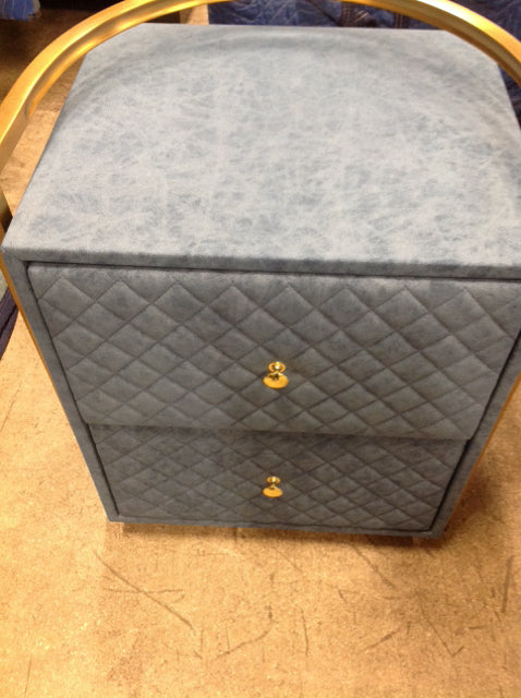 Nightstand- Blue Fabric & Gold 2 Drawer
