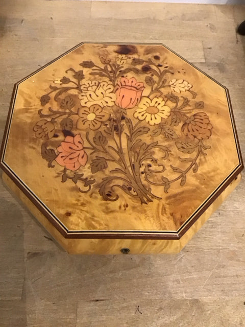 8" Octagonal Floral Wood Music Box