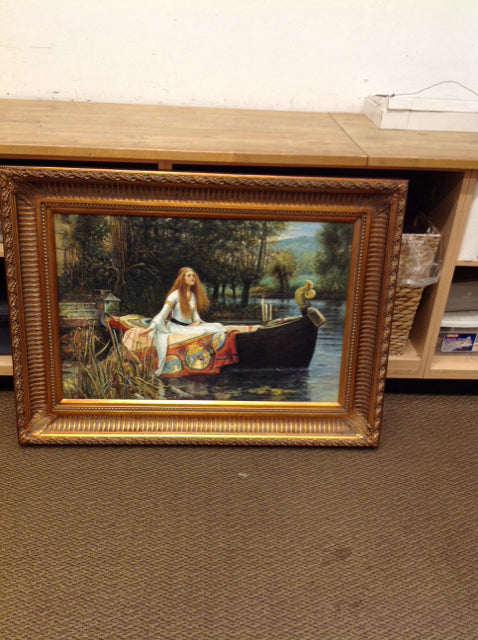 35x46 Framed Woman in Boat Oil on Canvas