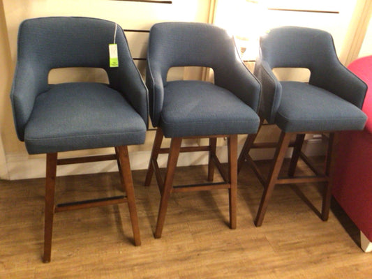 Set Of 3 Jason Furniture Blue Fabric Bar Stools
