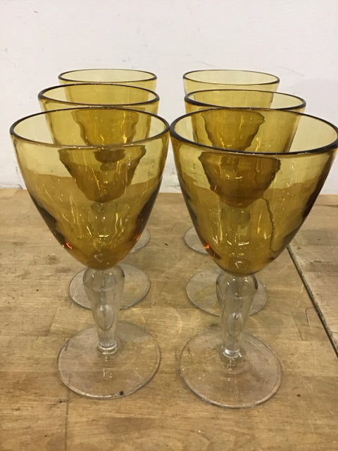 Set Of 6 Amber W/Clear Glass Stems Goblet