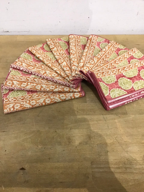 Set Of 10 Floral Pink Green & Orange Napkins