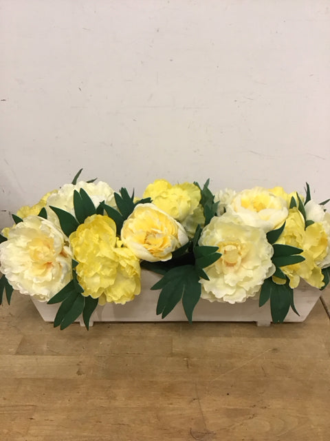17"x8" Faux Yellow Peony In White Wooden Planter