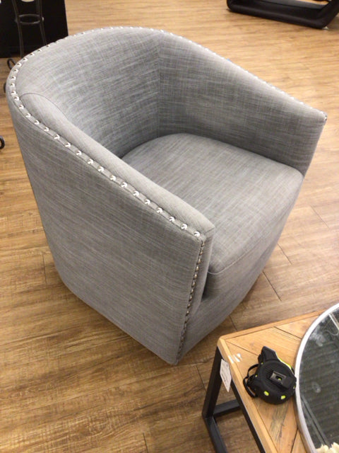 Light Grey Fabric Swivel Arm Chair W/Nailheads